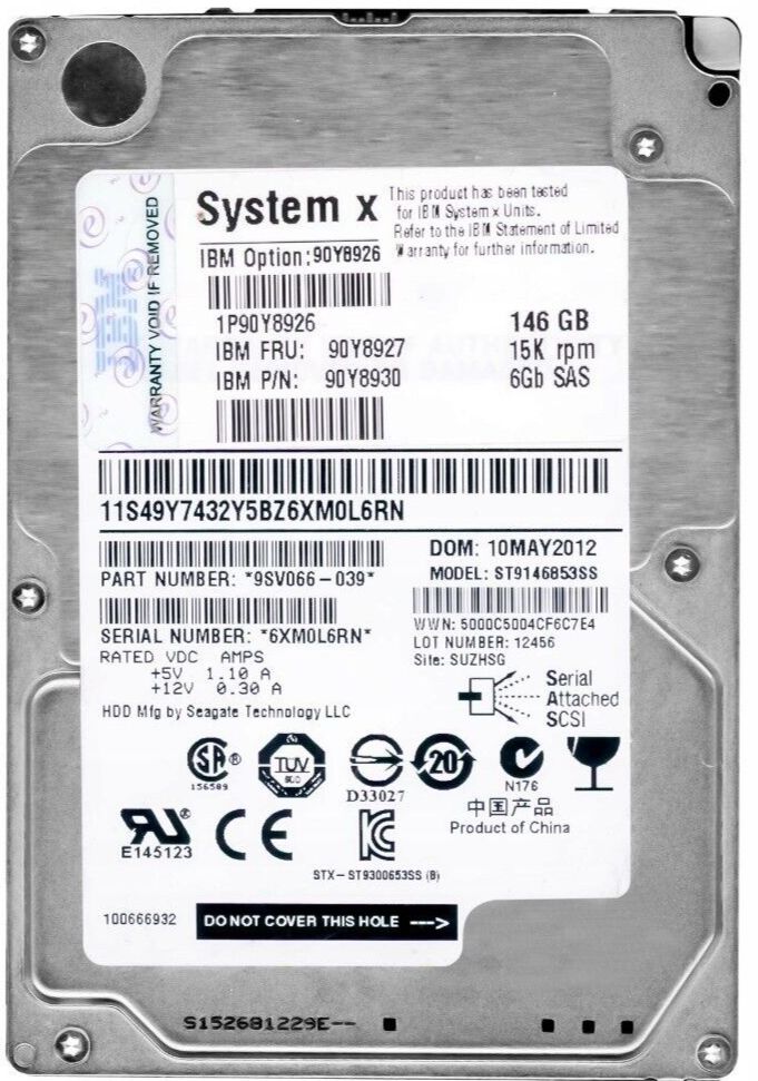 3年保証 Hard Drive IBM 90 Y 8927 8930 146 GB 15000 U Min SAS 6 G 2