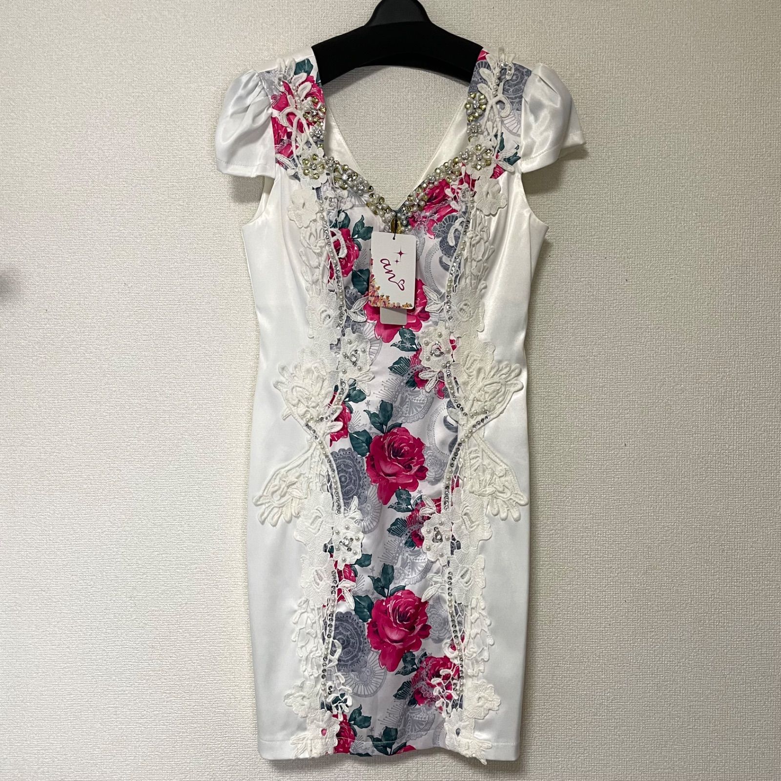 an アン キャバドレス ミニドレス パーティードレス 花柄 レース ケミカル刺繍 ラインストーン レディース M ホワイト 白 ポリエステル ポリウレタン