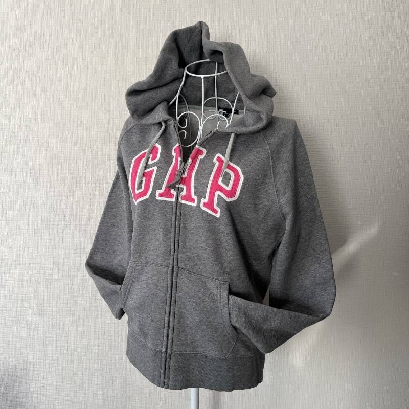 GAP Y2K Zip Hoodie Sweatshirt Women's M Gray Pink Full Zip Parka