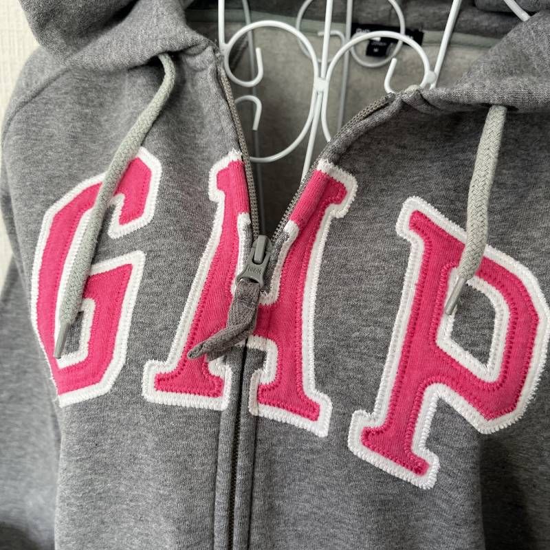 GAP Y2K Zip Hoodie Sweatshirt Women's M Gray Pink Full Zip Parka