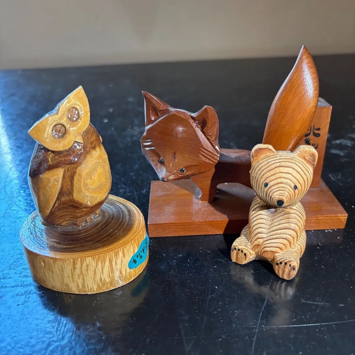 木彫 3点セット フクロウ キツネ 熊 熊ぼっこ 工芸品 アイヌ 民族