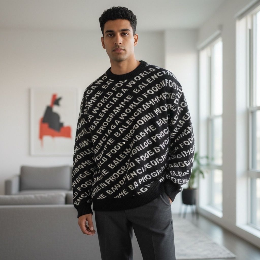 BALENCIAGA バレンシアガ セーター ワールドフードプログラム World Food Programme WFPロゴニット コラボ 総柄 ブラック 黒 ホワイト 白 ウール