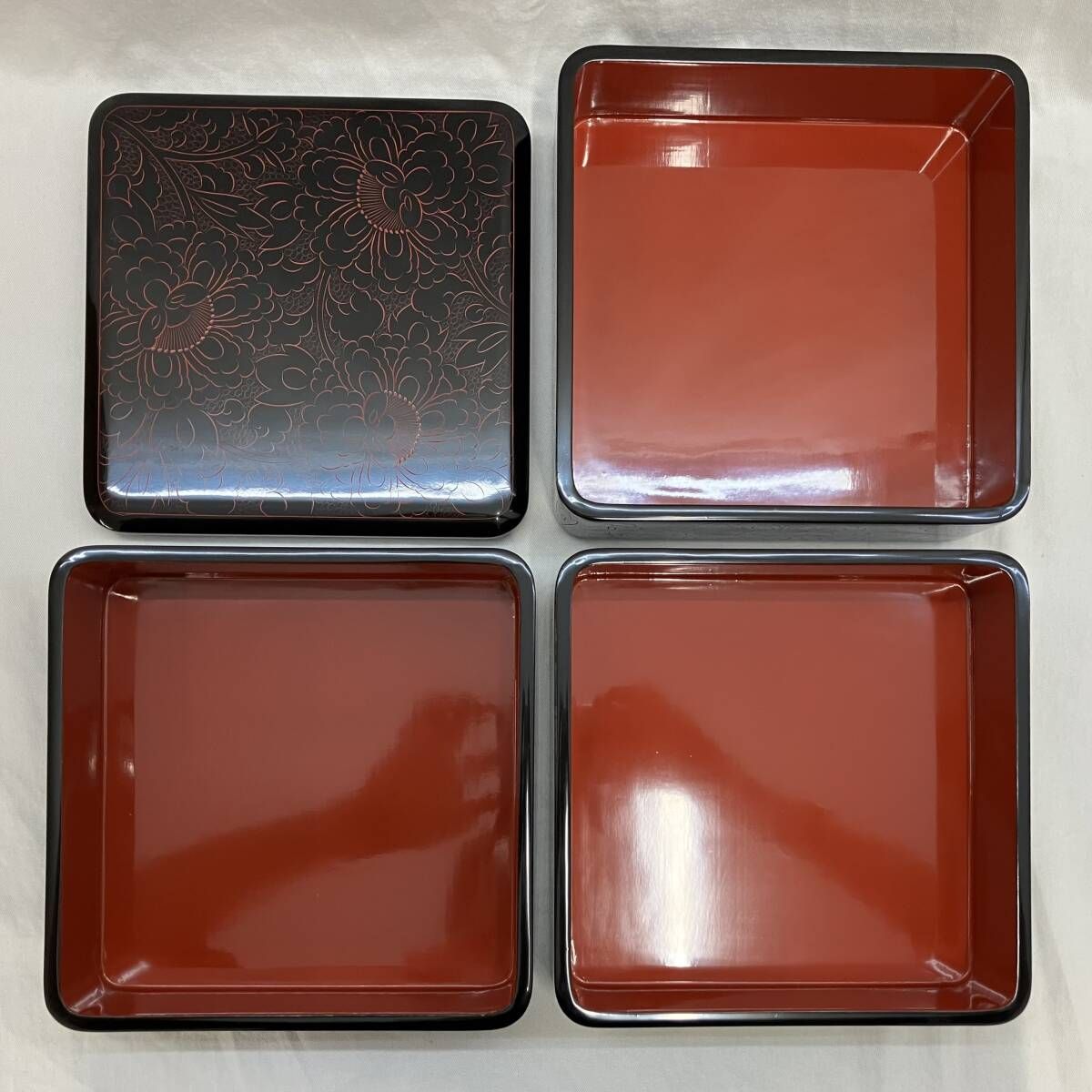 箱付] 越前漆器 お重箱 沈朱 牡丹彫 三段重 和食器 和風 日本風 工芸品