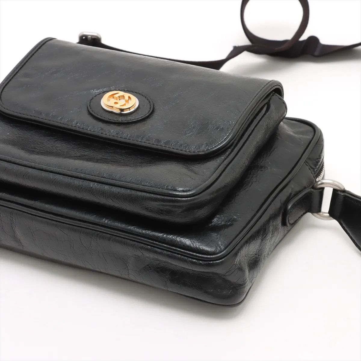 美品 グッチ GGロゴ プレート 574760 レザー ショルダーバッグ 斜め