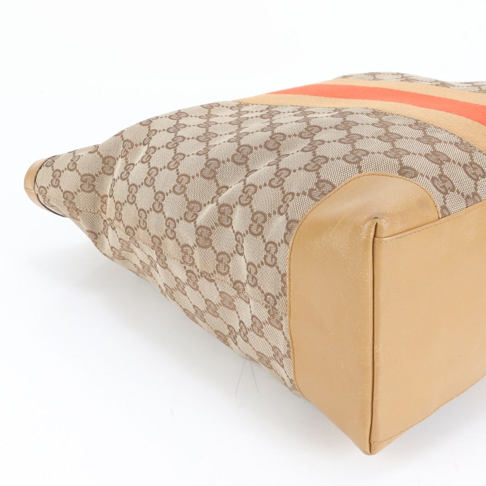 美品 グッチ キャンバス トートバッグ GG柄 ロゴ型押し シェリーライン 茶 極美品 グッチ GGキャンバス シェリー ライン 131233 レザー トート