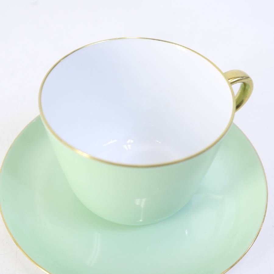 美品 大倉陶園 色蒔き（ライトグリーン）モーニング碗皿 カップ