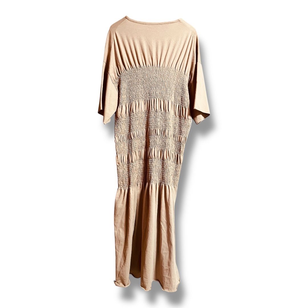 Horme ホルメ シャーリングワンピース ウエストゴム 半袖 プルオーバー ストレッチ コットン混 ロングワンピース レディース ブラウンベージュ 春 23 No.K 1072