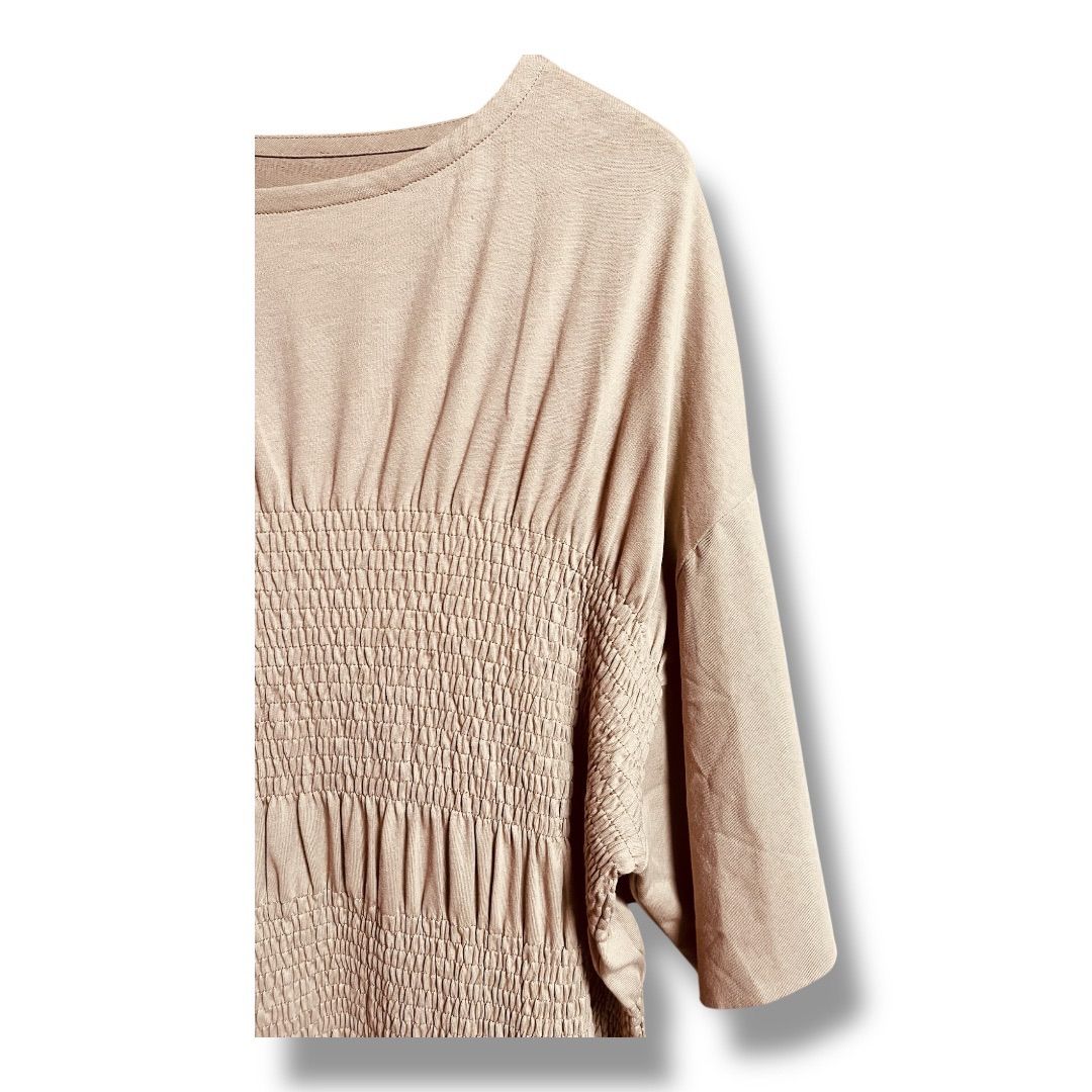  Horme ホルメ シャーリングワンピース ウエストゴム 半袖 プルオーバー ストレッチ コットン混 ロングワンピース レディース ブラウンベージュ 春 23 No.K 1072 半袖 カットソーワンピース