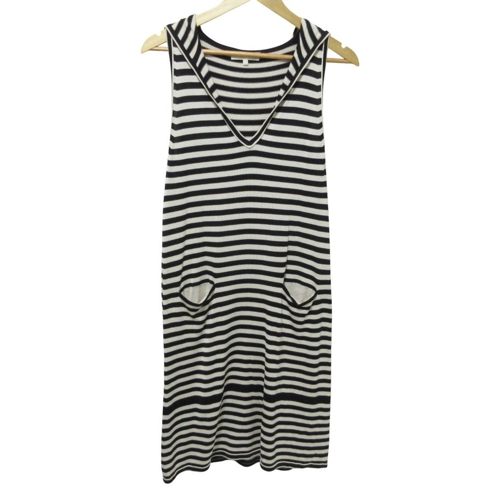 【中古】マックスマーラ BEACHWEAR 総柄ノースリーブワンピース M オフホワイト ブラック ブラウン /DO ■OS 美品 S Max Mara エスマックスマーラ フード付きボーダーシルクニット