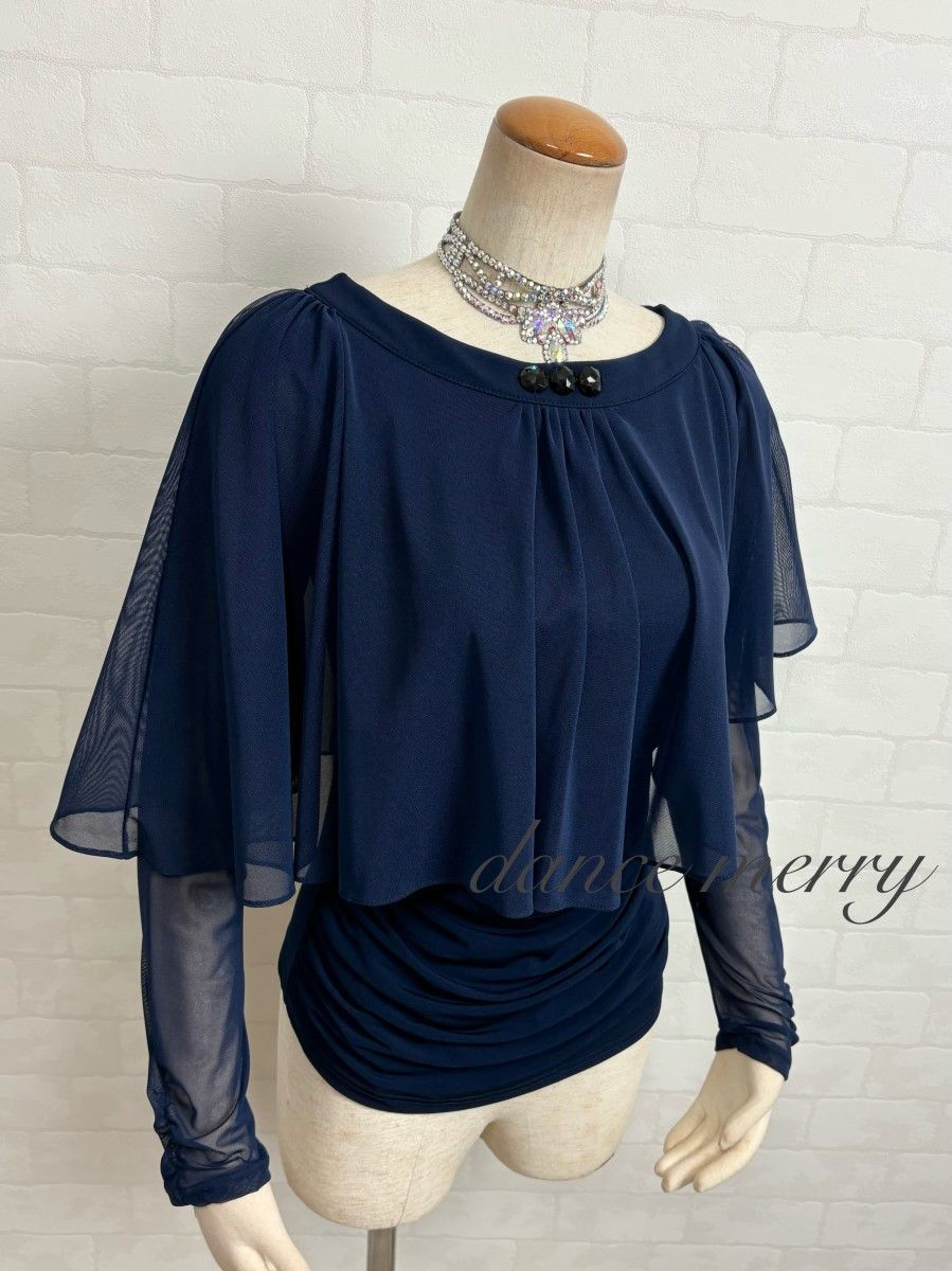 新品 長袖 社交ダンス トップス 紺 レッスン ラテン ワルツ 2924