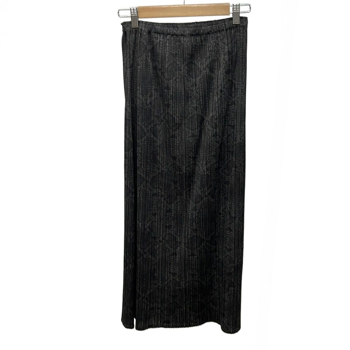 PLEATS PLEASE プリーツプリーズ ロングスカート サイズ3 L レディース - 黒×ダークグレー プリーツ 総柄 ウエストゴム