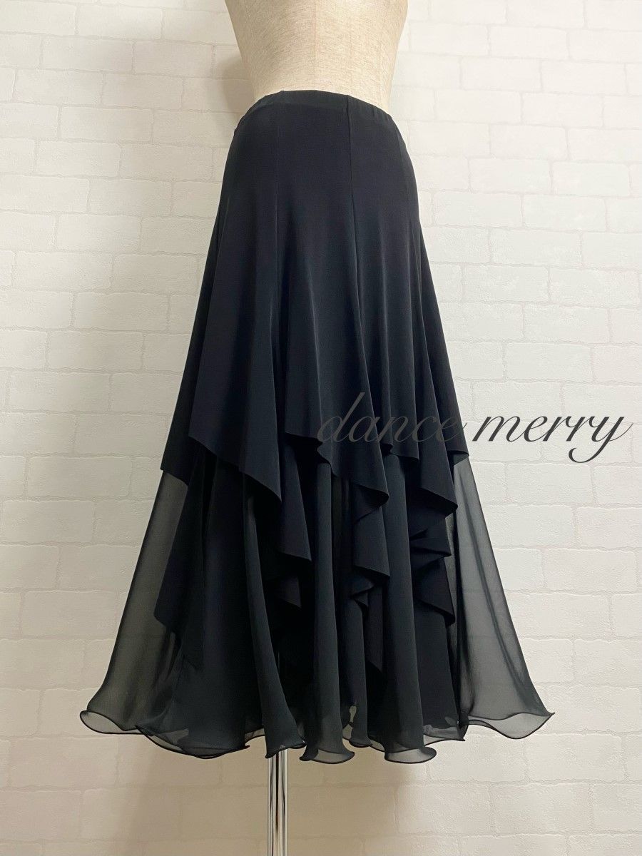 社交ダンス スカート 黒 レッスン パーティ シフォン タンゴ 4864
