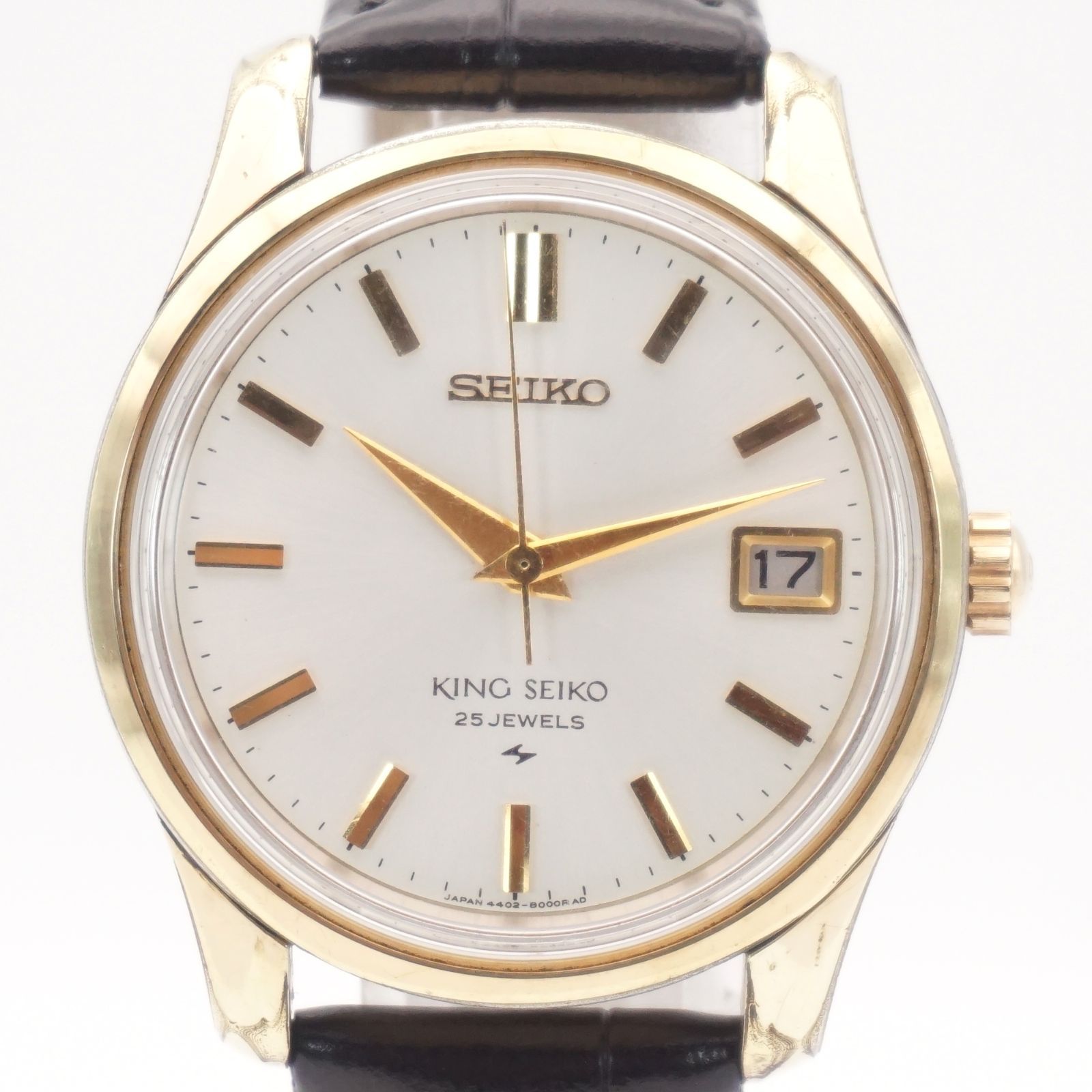 KING SEIKO キングセイコー 4402 8000 手巻き 25石 ゴールドケース デイト シルバー文字盤 レザーベルト メンズ ヴィンテージ 時計