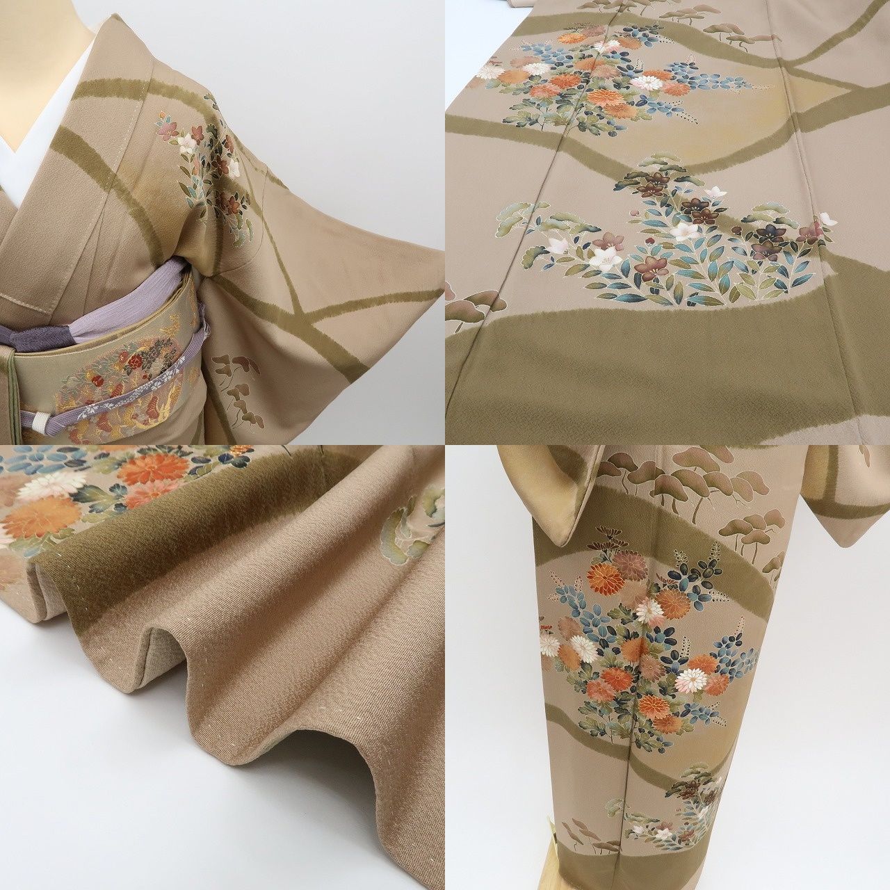 ｍ2143＊美品 正絹 金駒刺繡 菊 芍薬 松 手縫い仕立て 訪問着 m2143＊美品 正絹 金駒刺繡 菊 芍薬 松 手縫い仕立て 訪問着 m2143