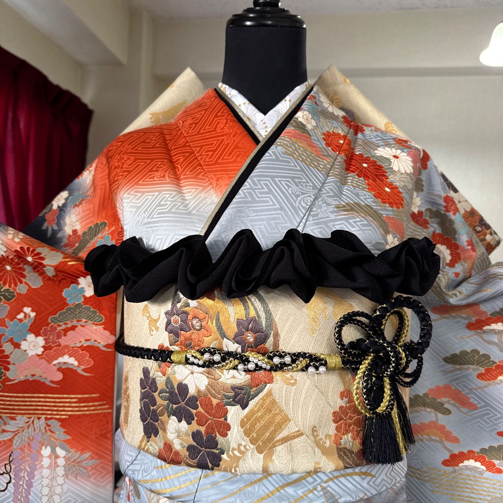 豪華振袖フルセット(7点)・ガード加工済・古典柄・金駒刺繍・扇面牡丹花文・桜 豪華振袖フルセット(7点)・青緑色・古典柄・金駒刺繍・鳳凰牡丹花文