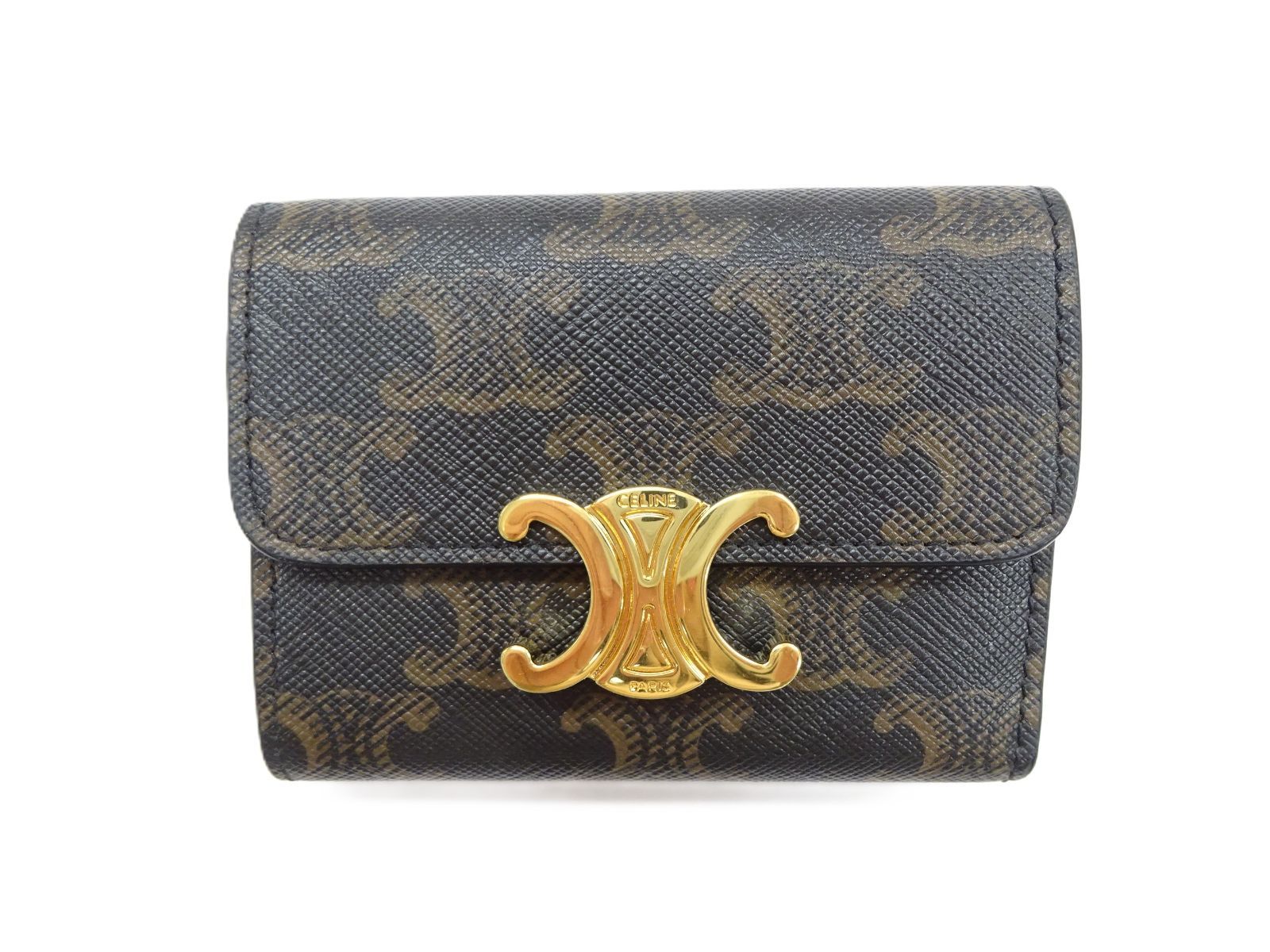 9 2万 CELINE セリーヌ コイン入れ付きコンパクトウォレット トリオンフ 松坂屋 ロゴ タン 三つ折り