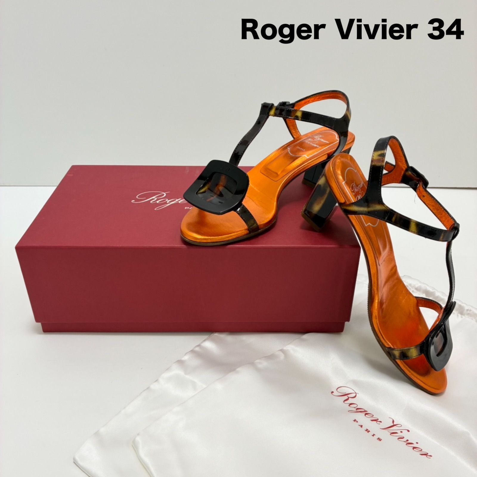 Roger Vivier ロジェヴィヴィエ Tストラップアンクルミュール ベッコウ オレンジ 34