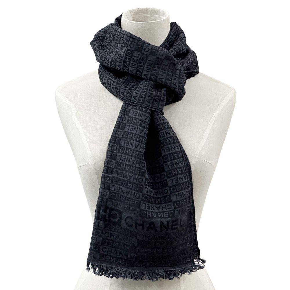 CHANEL マフラー　リバーシブル　ネイビー× ブラック シャネル CHANEL マフラー メンズ ブランド ストール シルク ウール