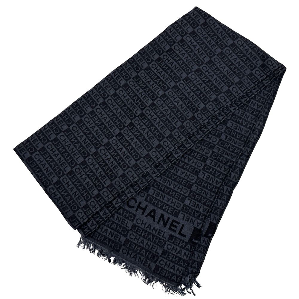 シャネル CHANEL マフラー メンズ ブランド ストール シルク ウール ネイビー ブラック ロゴ 薄め フリンジ