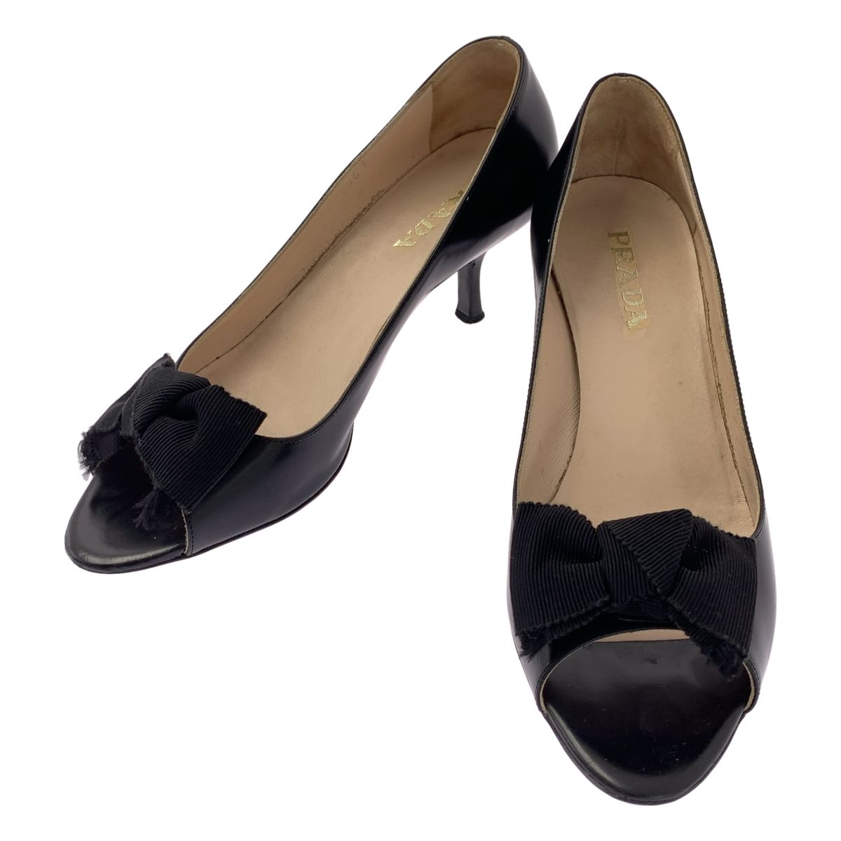 PRADA / プラダ | オープントゥ リボン パンプス | 36 | ブラック