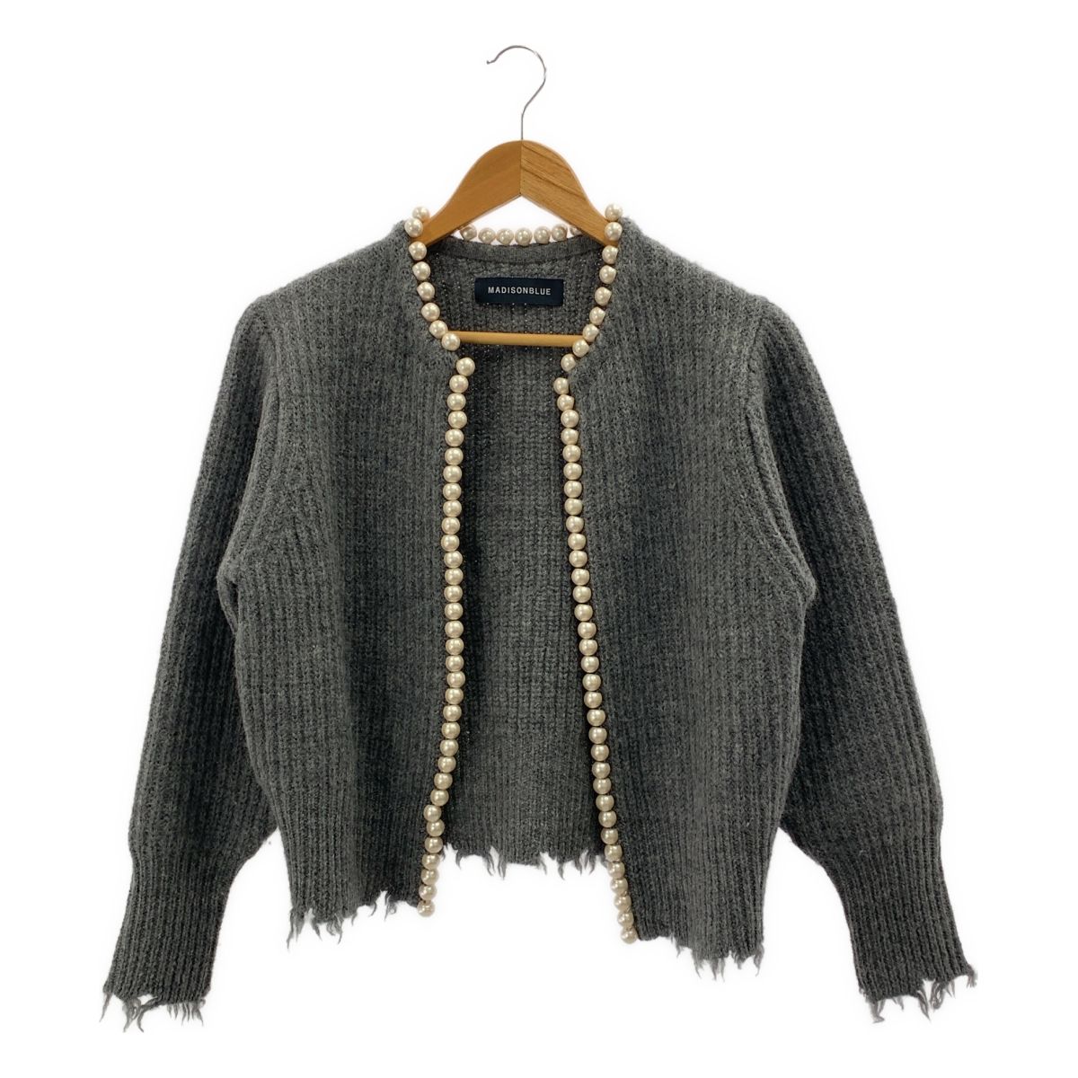 MADISON BLUE マディソンブルー PERAL DAMAGE パール ボタンレス ダメージ加工 カーディガン 00 XS グレー レディース