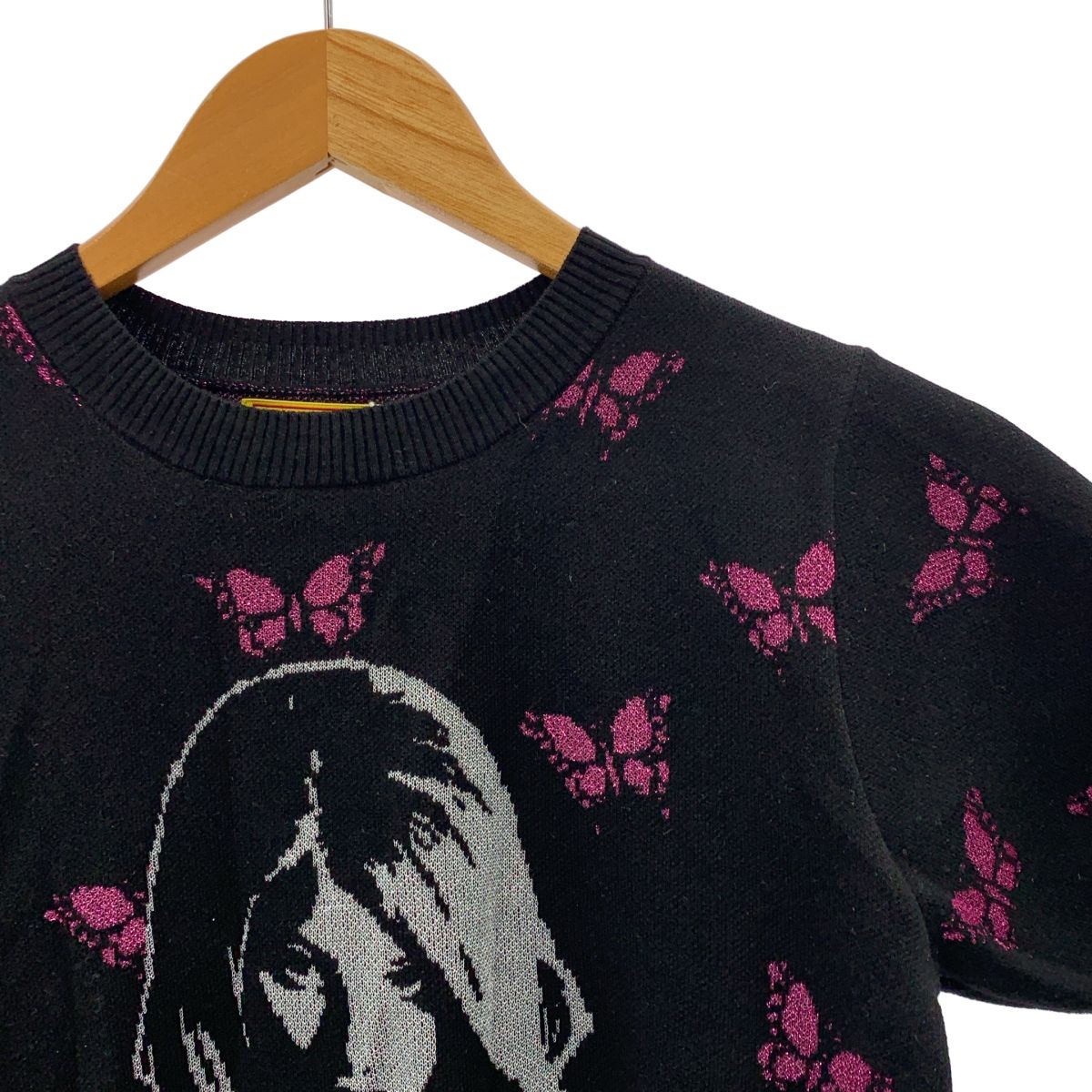 HYSTERIC GLAMOUR ヒステリックグラマー BUTTERFLY WOMAN HEAD コットン ガール サマー ニット F ブラック ピンク レディース