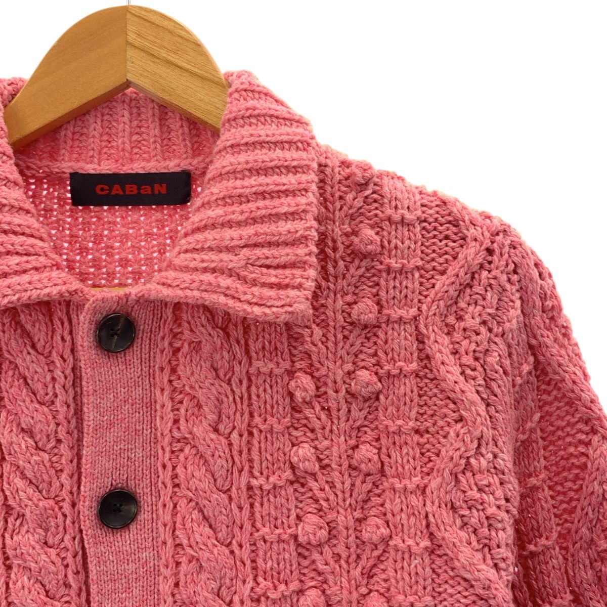 CABaN キャバン ウール ハンドニット ケーブル ポロ カーディガン F ピンク レディース