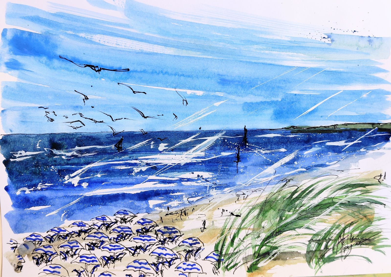 原画#53 海 ニース フランス 風景画 水彩画 ドローイング インテリア