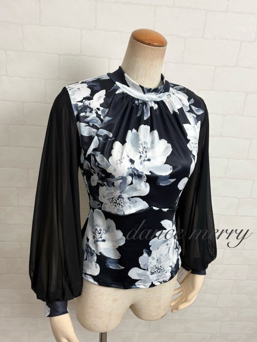 新品 社交ダンス ハイネック バルーン袖 黒 白 グレー トップス 長袖