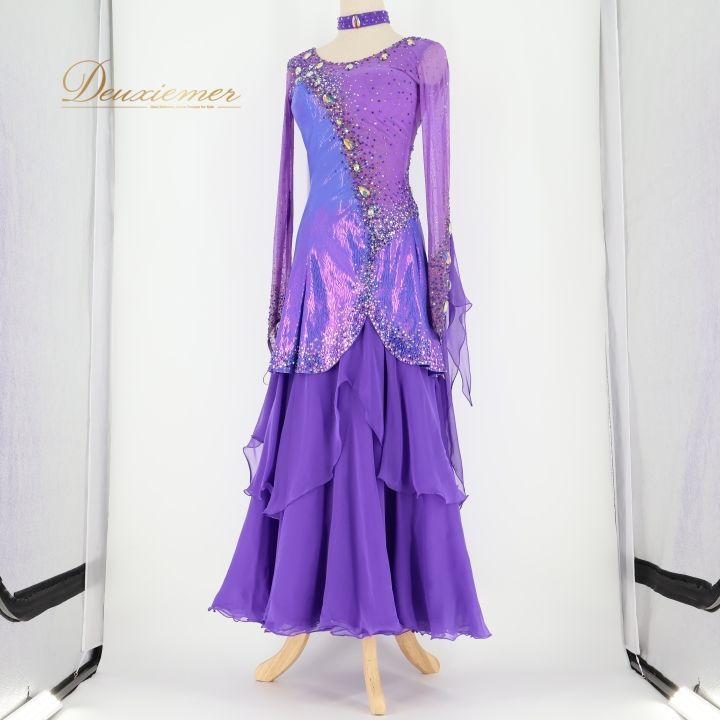 【社交ダンス衣装】パープル ワンピース ドレス フロート レース ラインストーン 社交ダンス 衣装 スタンダード ドレス ワンピース 紫 フロート レース