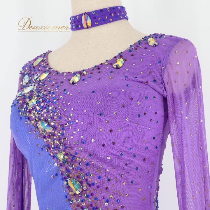 社交ダンス 衣装 スタンダード ドレス ワンピース 紫 フロート レース