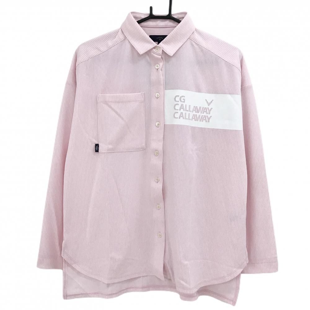 キャロウェイ 長袖シャツ ピンク 白 ストライプ UVカット 吸汗速乾 レディース L ゴルフウェア モデル Callaway