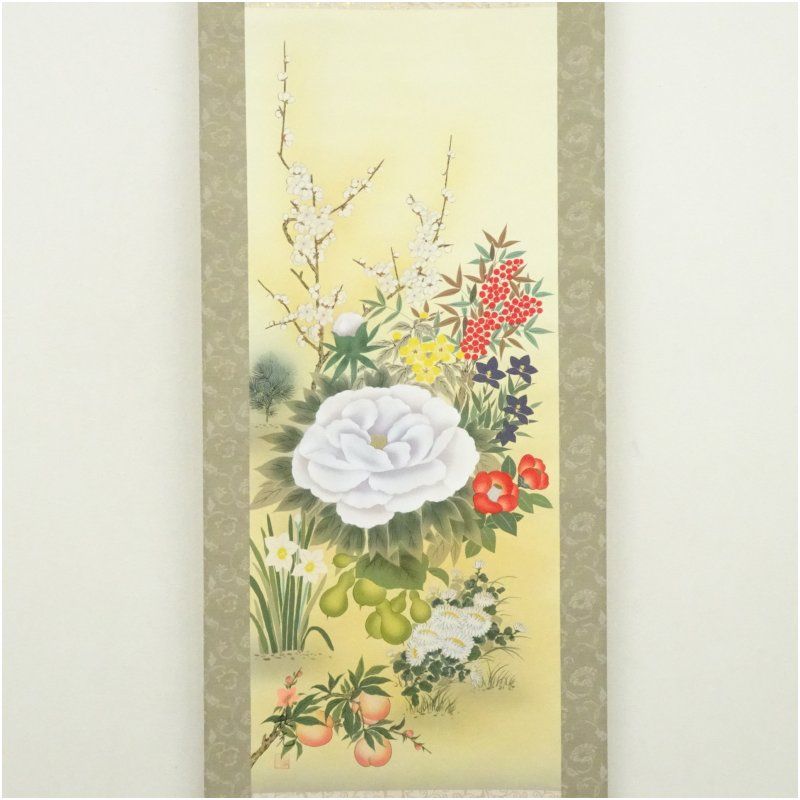 左高秋光筆 風水招福四季草花 肉筆絹本掛軸（共箱） 掛け軸 床の間 書