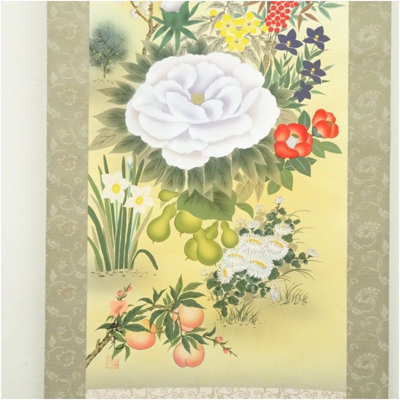 左高秋光筆 風水招福四季草花 肉筆絹本掛軸（共箱） 掛け軸 床の間 書