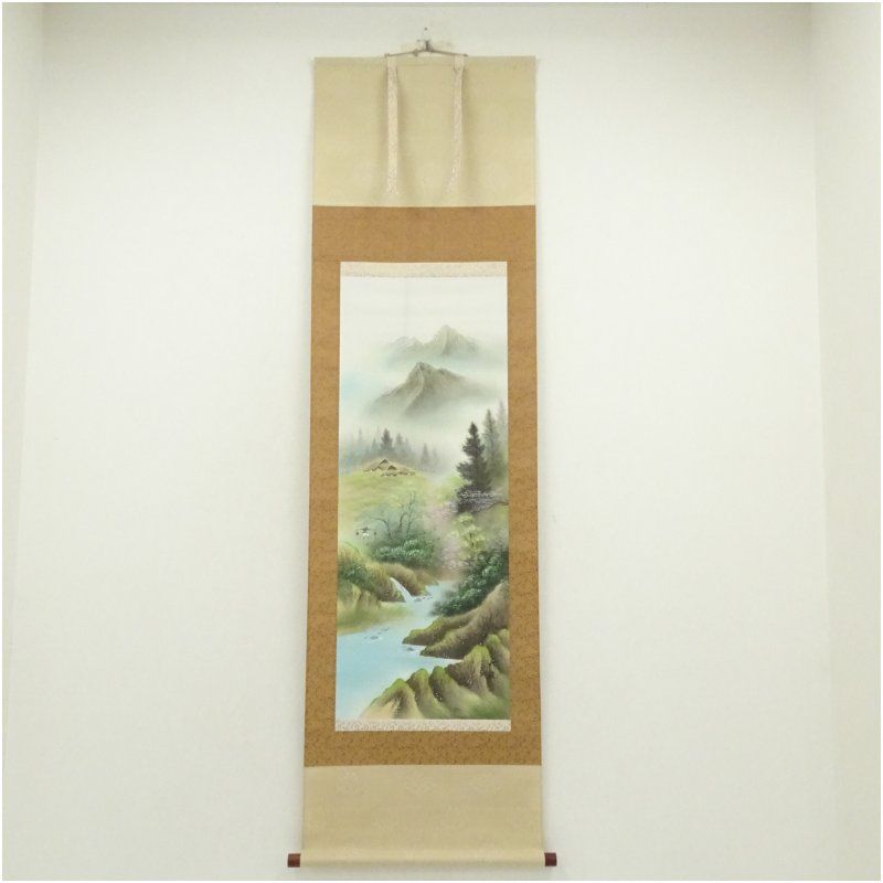 松観筆 彩色山水 肉筆絹本掛軸（紙箱） 掛け軸 床の間 書 おしゃれ