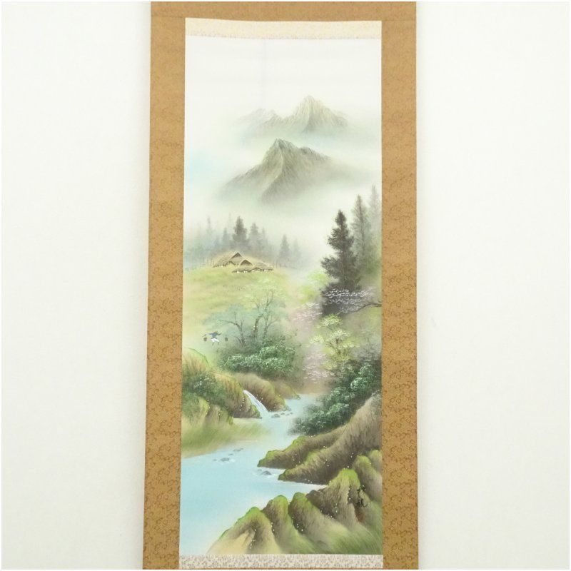 松観筆 彩色山水 肉筆絹本掛軸（紙箱） 掛け軸 床の間 書 おしゃれ