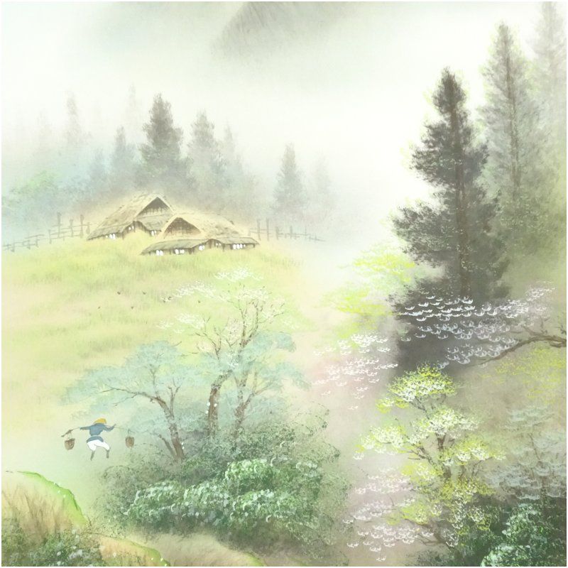 松観筆 彩色山水 肉筆絹本掛軸（紙箱） 掛け軸 床の間 書 おしゃれ