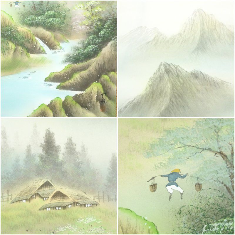 松観筆 彩色山水 肉筆絹本掛軸（紙箱） 掛け軸 床の間 書 おしゃれ