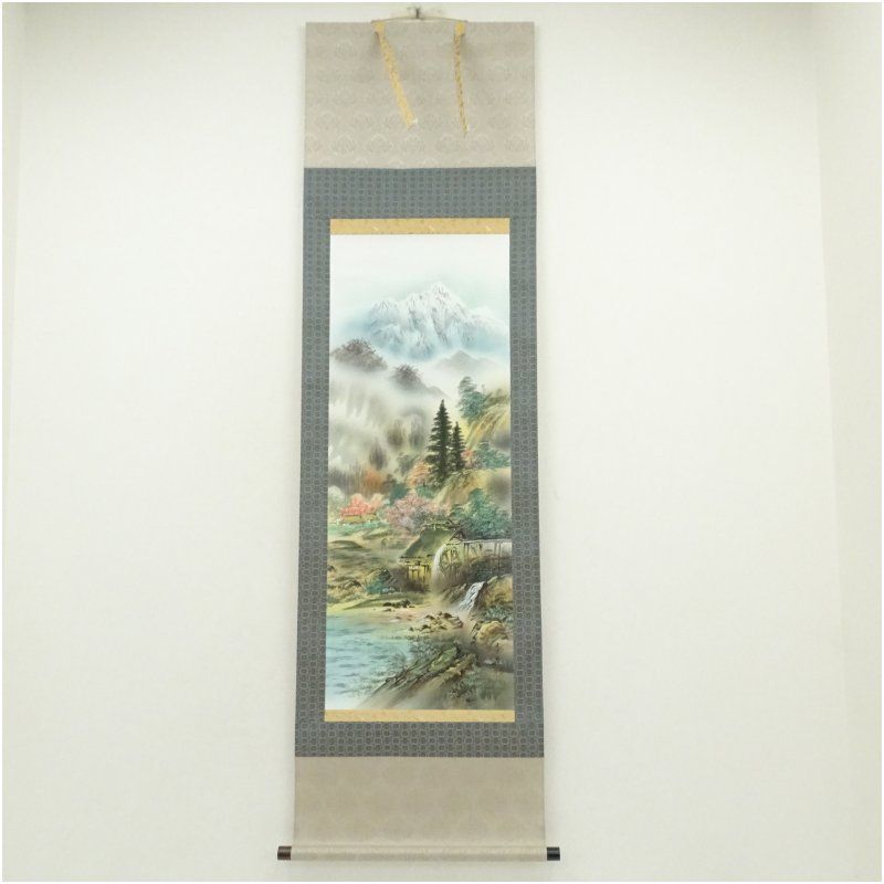 小川香月筆 山村春景 肉筆絹本掛軸（紙箱） 掛け軸 床の間 書 おしゃれ