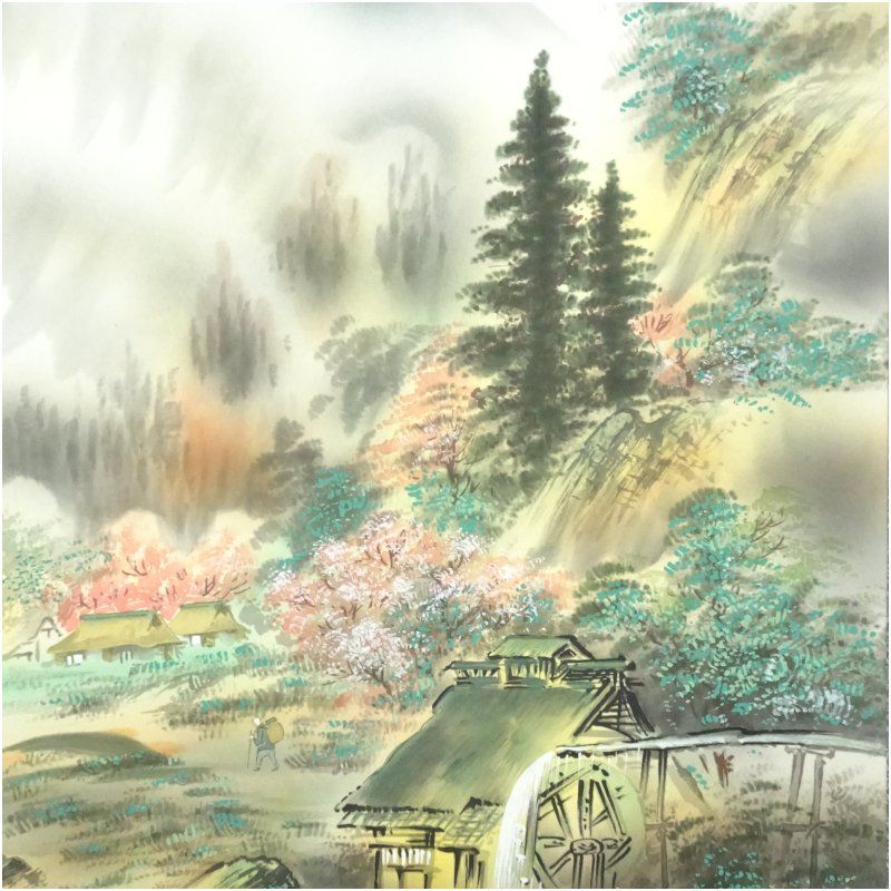 小川香月筆 山村春景 肉筆絹本掛軸（紙箱） 掛け軸 床の間 書 おしゃれ