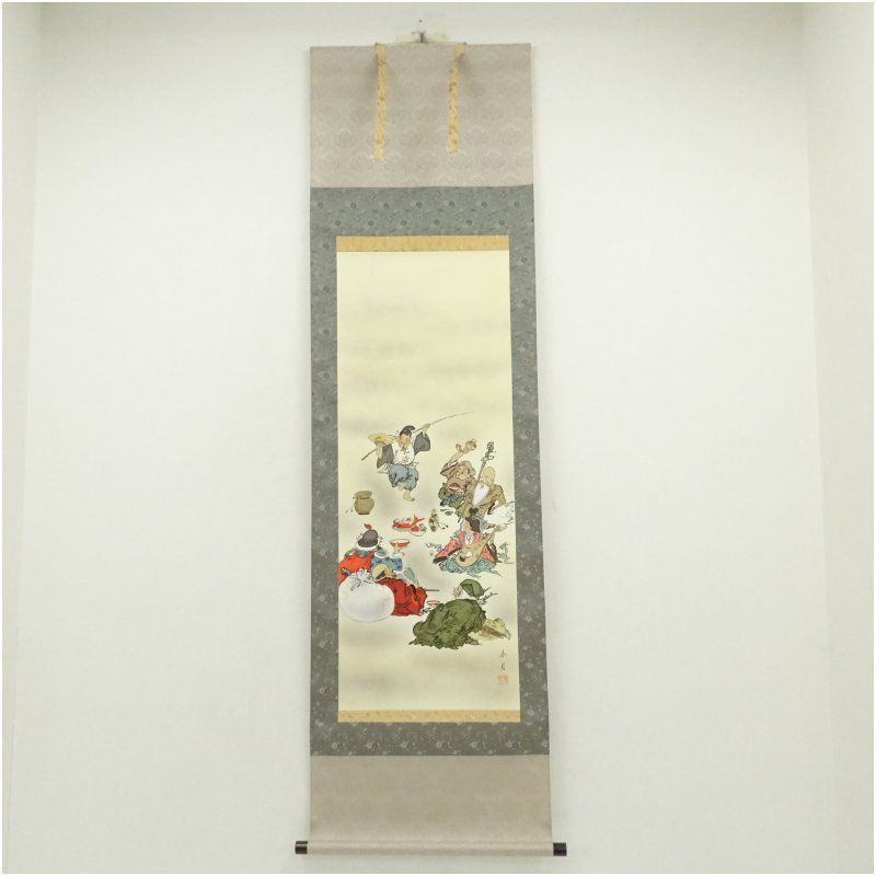 小川香月筆 七福神宴遊図 肉筆絹本掛軸（紙箱） 掛け軸 床の間 書