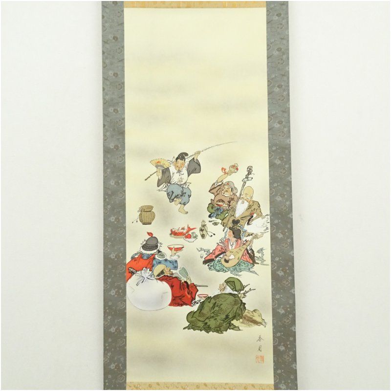 小川香月筆 七福神宴遊図 肉筆絹本掛軸（紙箱） 掛け軸 床の間 書