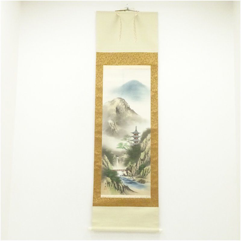 栄進筆 彩色山水 肉筆絹本掛軸（中島清堂識箱） 掛け軸 床の間 書