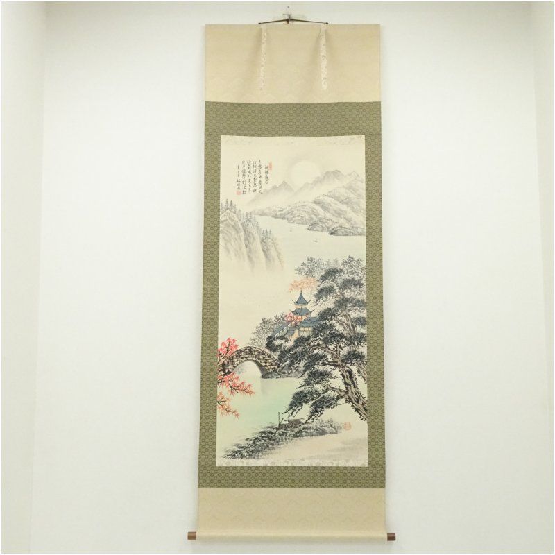 林瑞瑩筆 楓橋夜泊 彩色山水 肉筆紙本掛軸（紙箱） 掛け軸 床の間 書