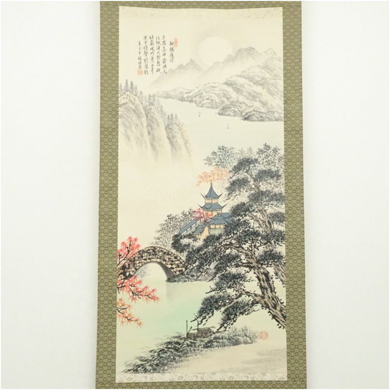 林瑞瑩筆 楓橋夜泊 彩色山水 肉筆紙本掛軸（紙箱） 掛け軸 床の間 書