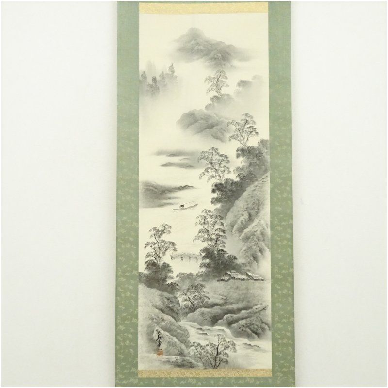 重村華堂筆 水墨山水 肉筆絹本掛軸（共箱） 掛け軸 床の間 書 おしゃれ