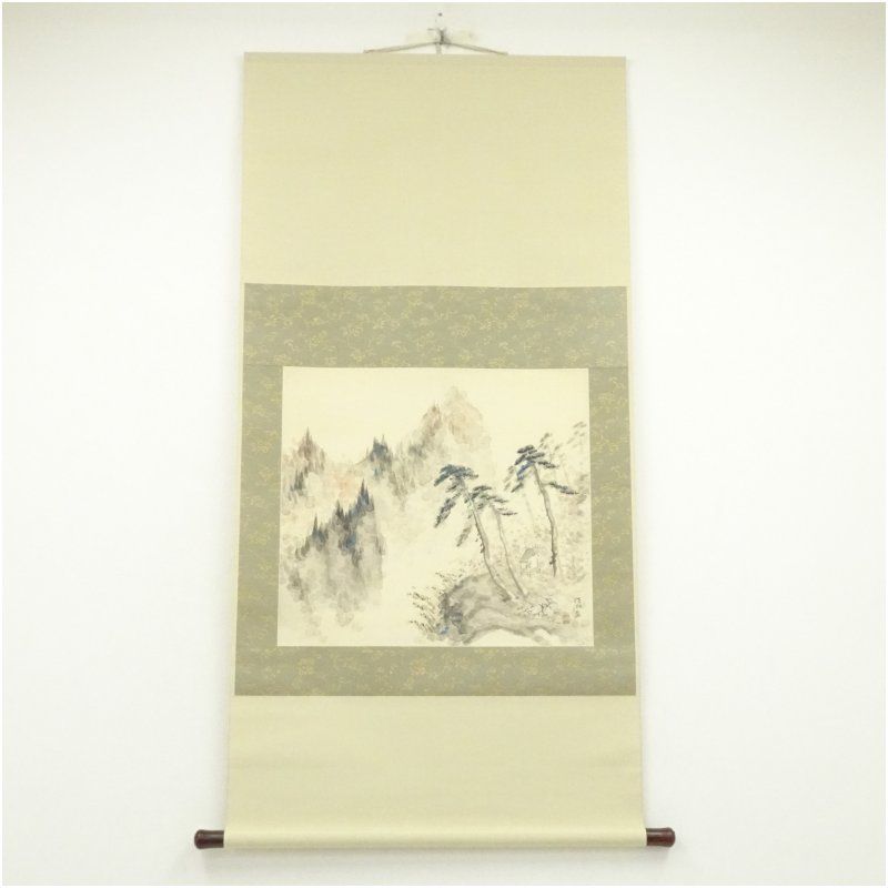 福田浩湖筆 淡色山水 肉筆絹本掛軸（大崎松陽識箱） 掛け軸 床の間 書
