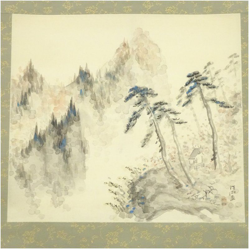 福田浩湖筆 淡色山水 肉筆絹本掛軸（大崎松陽識箱） 掛け軸 床の間 書