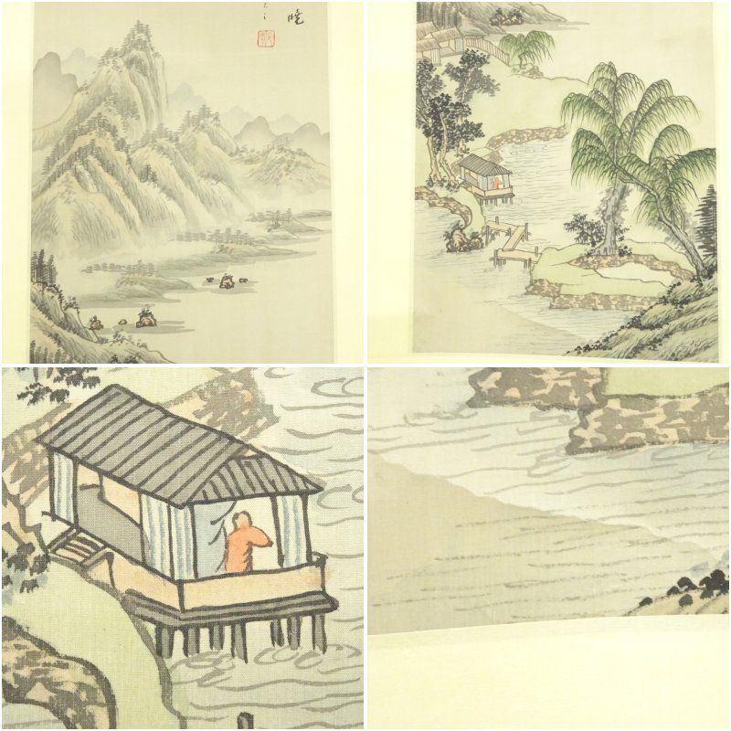 作家物 柳堤春暁 山水図 肉筆絹本掛軸（紙箱） 掛け軸 床の間 書