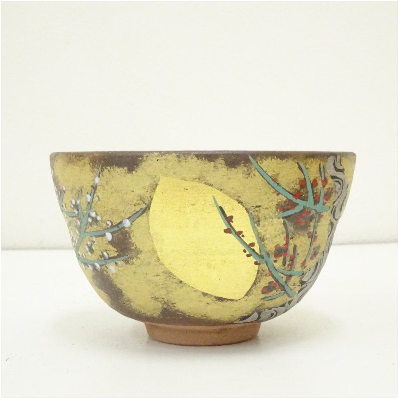 九谷焼 高明造 色絵紅白梅茶碗（共箱） 茶道 抹茶 おしゃれ 抹茶茶碗